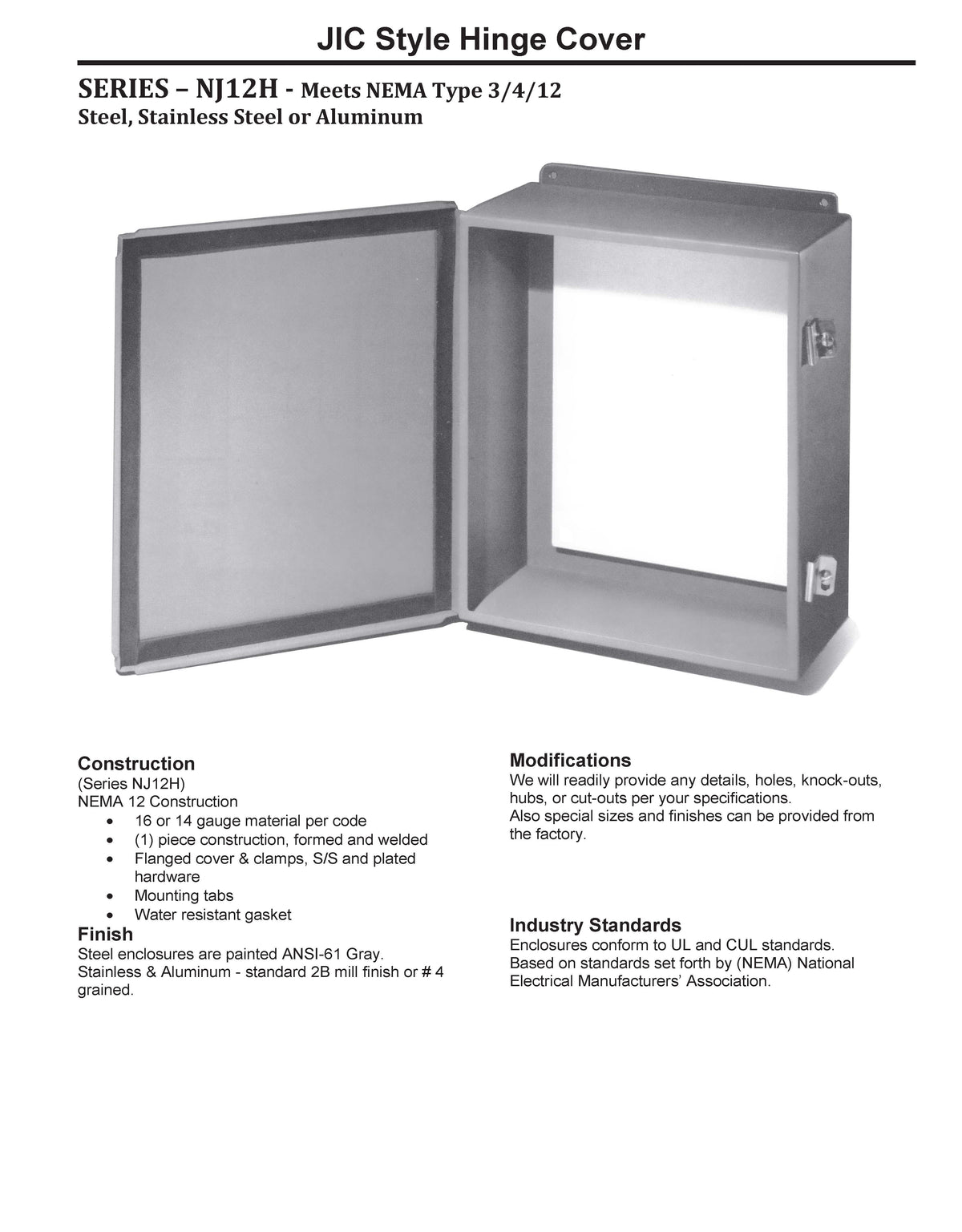 Technical specification sheet for a JIC Style Hinge Cover, showing a gray metal cabinet door with hinges open, plus text detailing construction, modifications, finish, and industry standards.