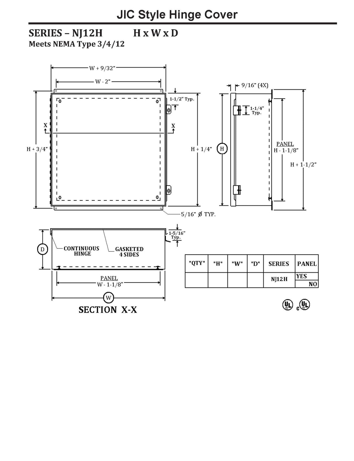 Technical specification sheet and dimension diagram for a JIC Style Hinge Cover, Series - NJ12H, showing front, side, and section X-X views with measurements and a quantity table.