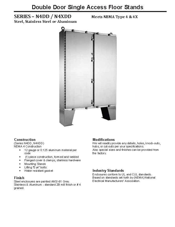 Technical specification sheet for a double door single access NEMA 4X enclosure with a floor stand kit, showing a side-view diagram of the stainless steel or aluminum stand with construction, modifications, and industry standards text below.