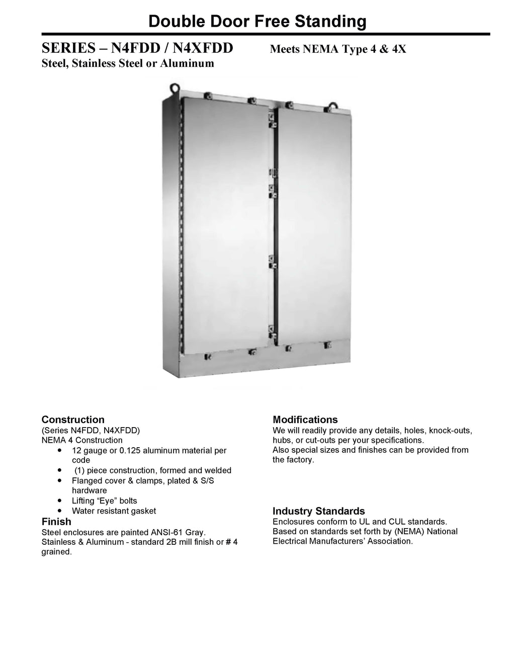Technical specification sheet for a double door free standing NEMA 4X showing a 3D rendering of the panel and text detailing its construction, finish, and modifications.