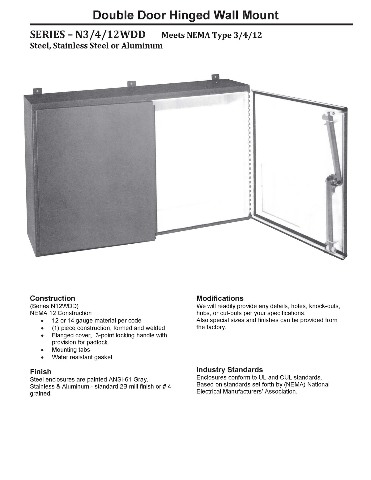 NEMA 3/4/12 Hinge Cover Wall Mount Enclosures - Double Door
